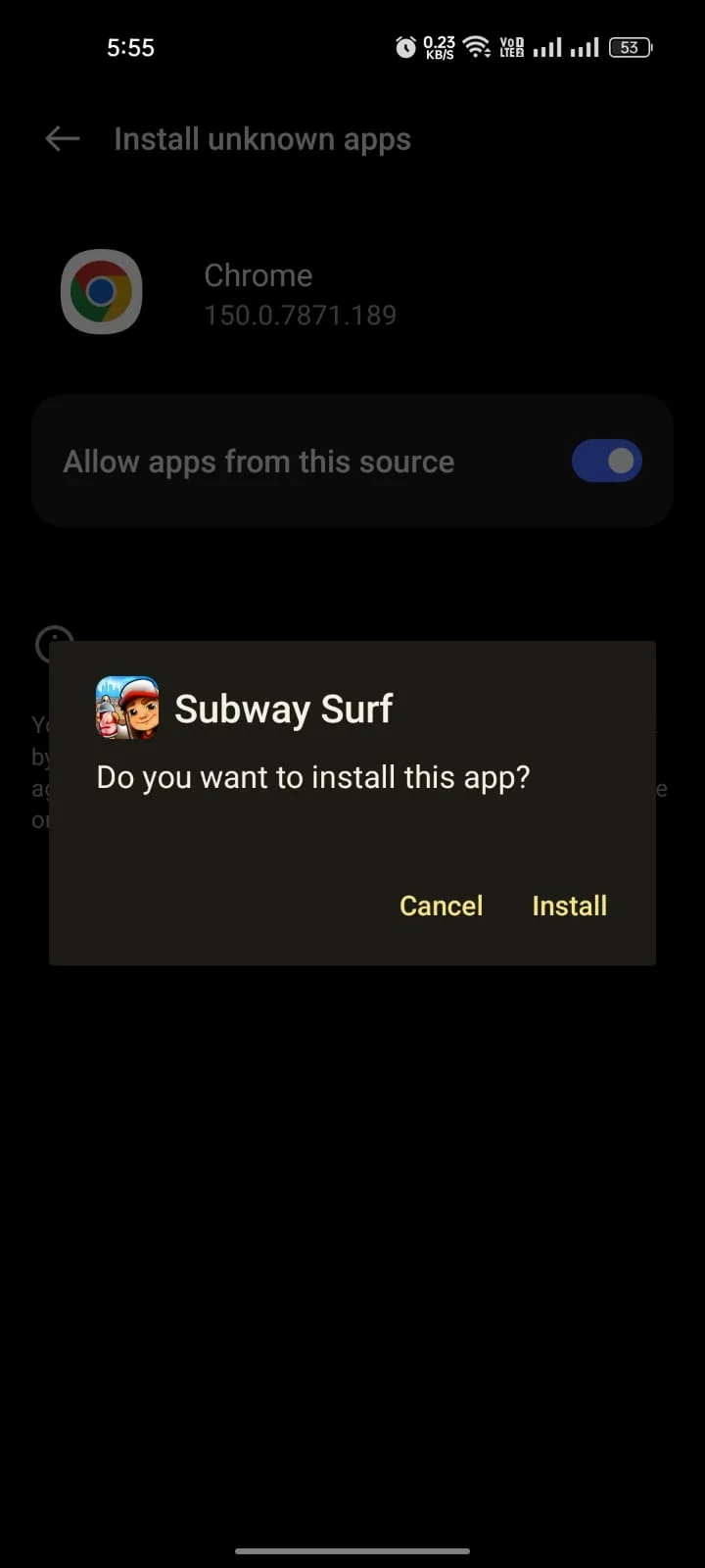 Android install prompt asking "Do you want to install this app?" for the sideloaded Subway Surfers APK, with Cancel and Install buttons