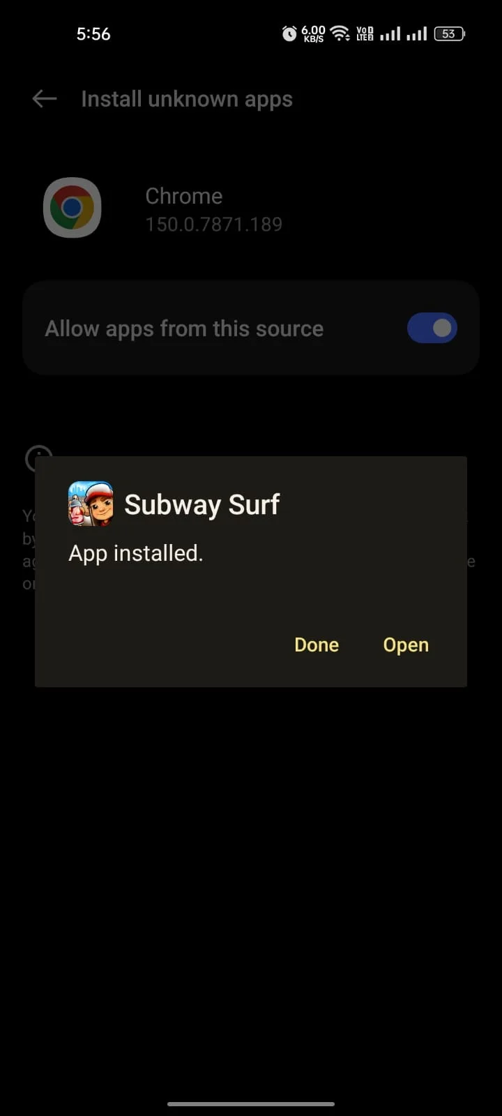 Android "App installed" confirmation for Subway Surfers Mod APK with Done and Open buttons