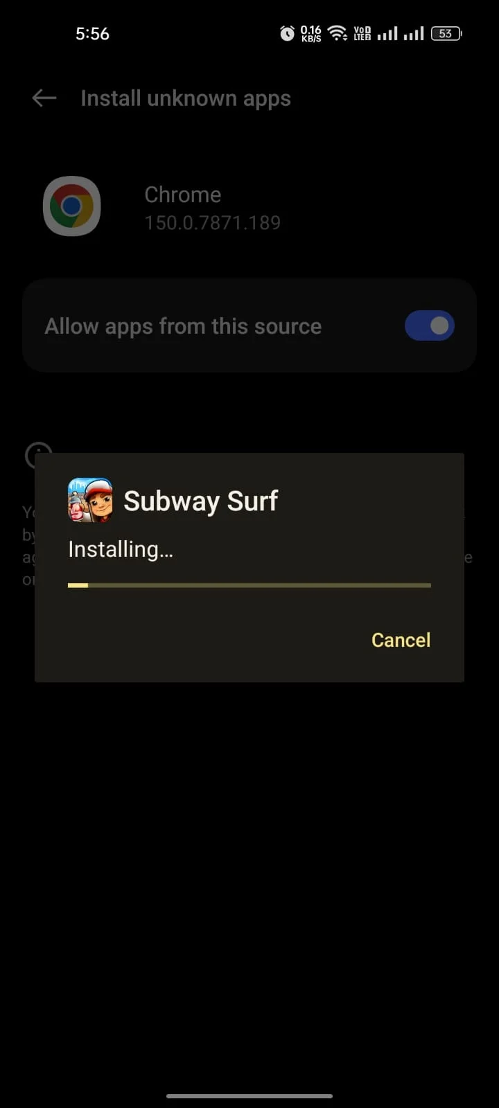 Android installing progress bar for the sideloaded Subway Surfers Mod APK package