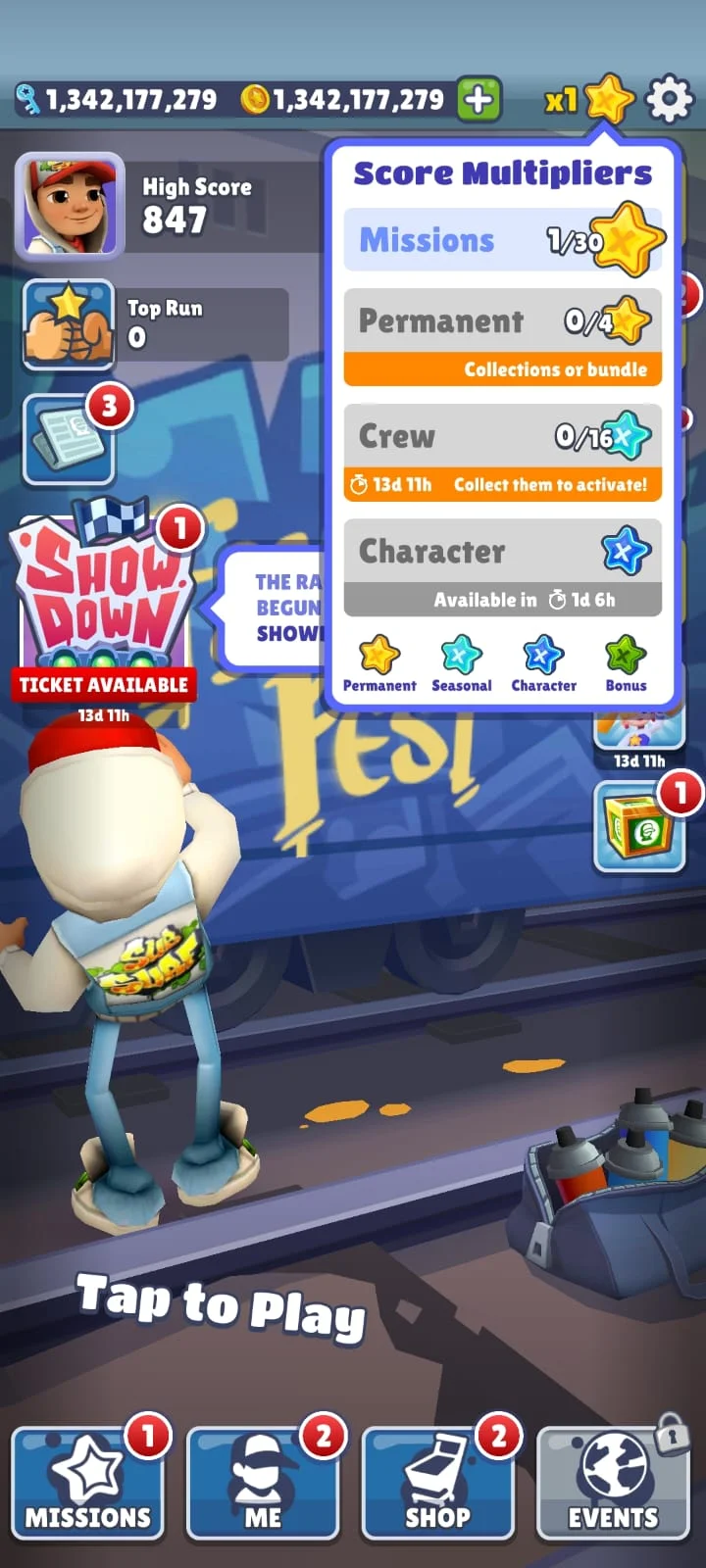 Subway Surfers Score Multipliers panel showing Missions, Permanent, Crew, and Character multiplier categories with progress toward the 30x cap