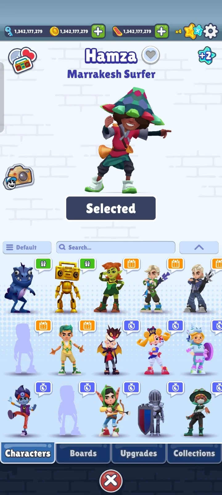 Subway Surfers character select screen with Hamza, the Marrakesh Surfer, unlocked and selected among the full character roster