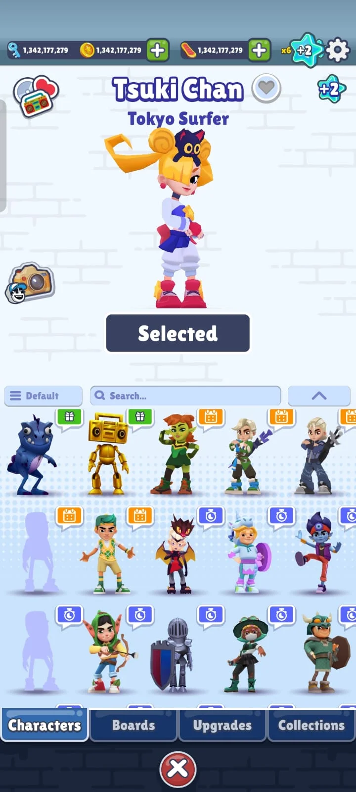 Subway Surfers character select screen with Tsuki Chan, the Tokyo Surfer, unlocked and selected among the full character roster