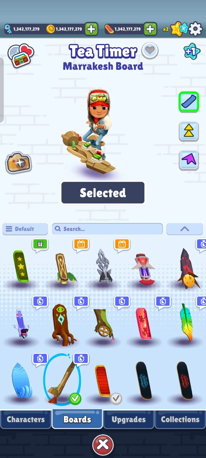 Subway Surfers hoverboard select screen with the Tea Timer Marrakesh Board unlocked and selected among the full board roster